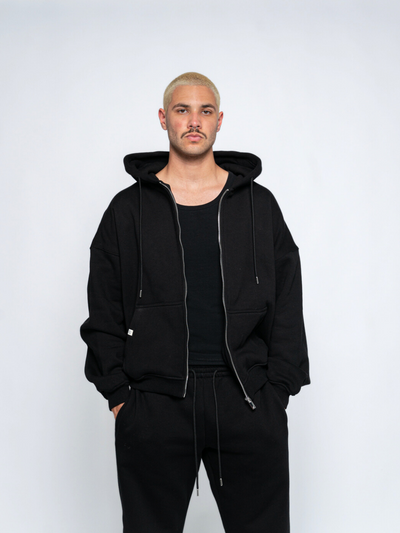 SIGNATURE BASIC ZIP-UP HOODIE - BLACK