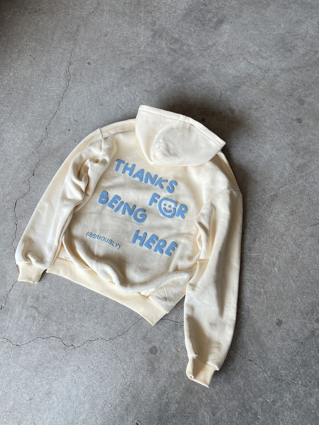 THANKS FOR BEING HERE HOODIE - CREAM + BLUE