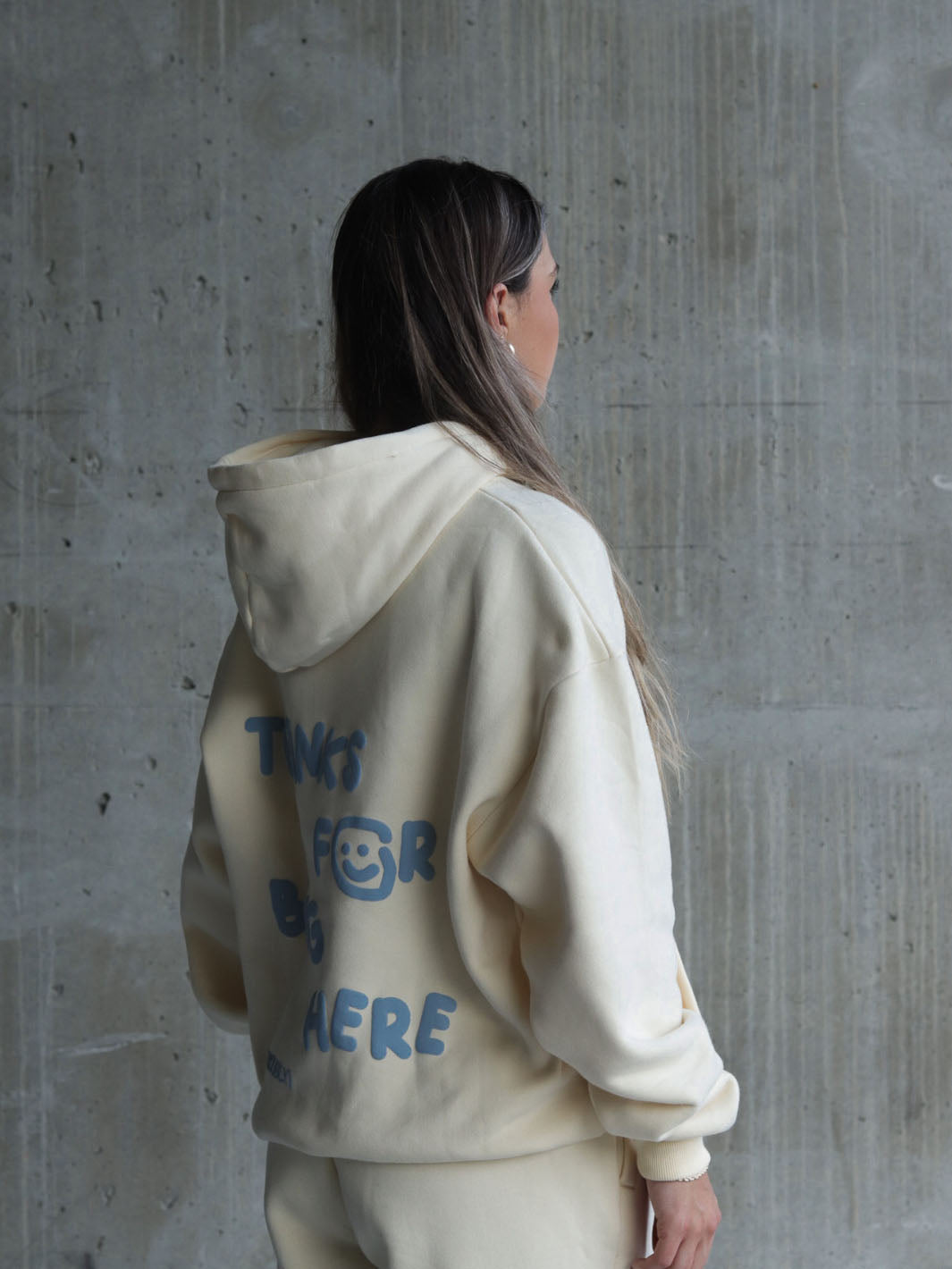 THANKS FOR BEING HERE HOODIE - CREAM + BLUE