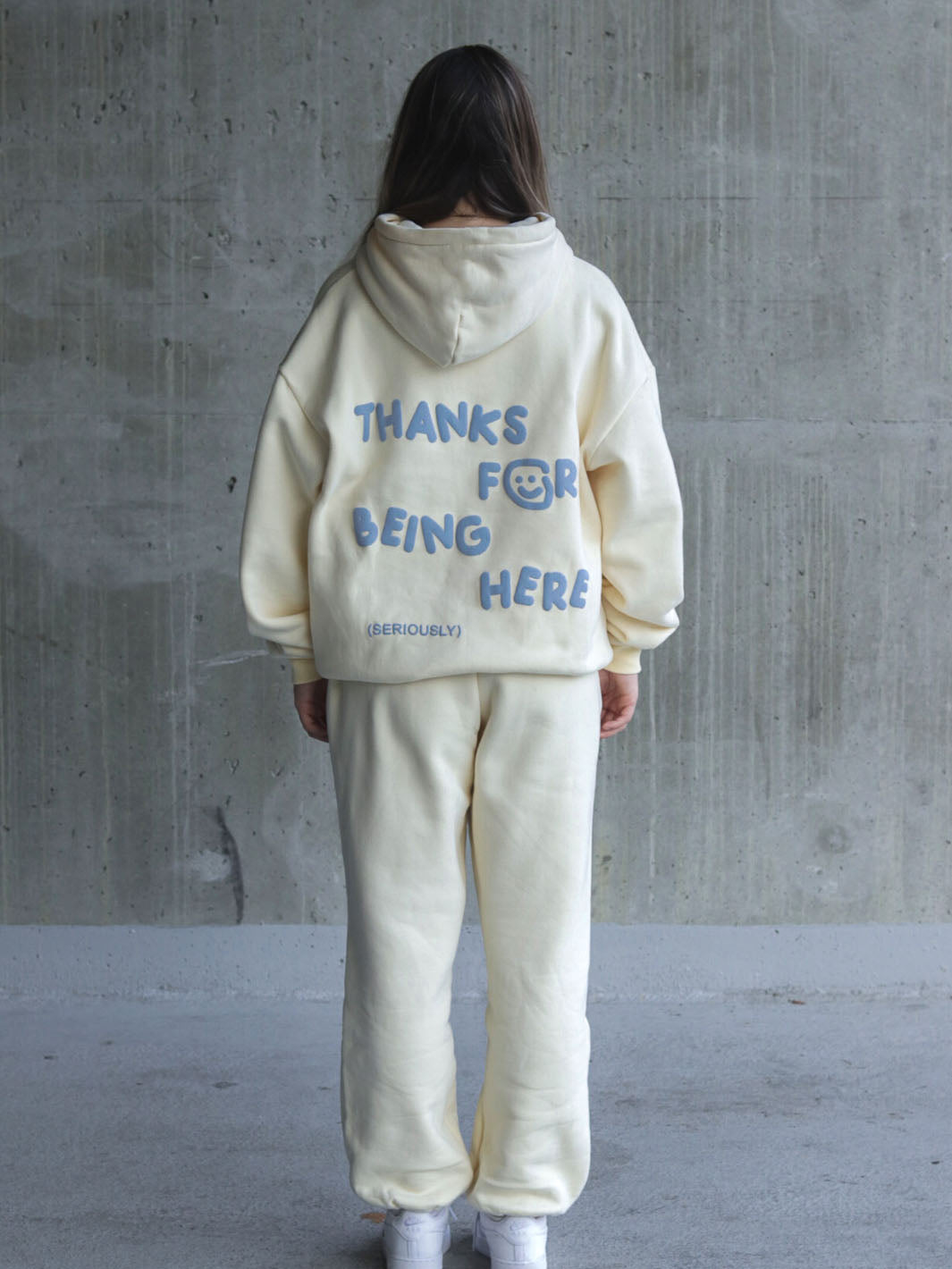 THANKS FOR BEING HERE HOODIE - CREAM + BLUE