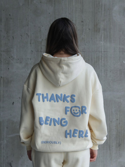 THANKS FOR BEING HERE HOODIE - CREAM + BLUE