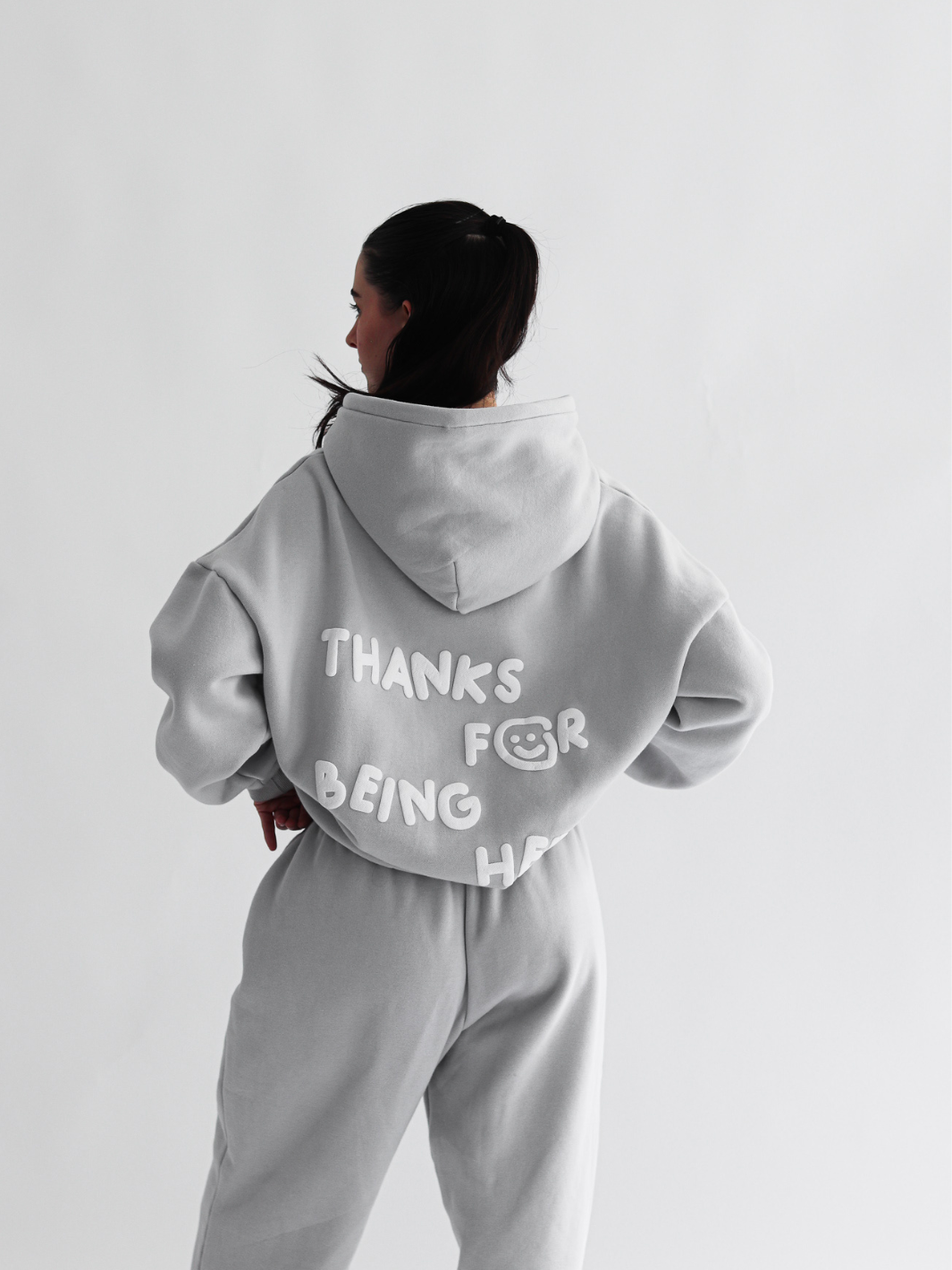 THANKS FOR BEING HERE HOODIE - LIGHT GREY