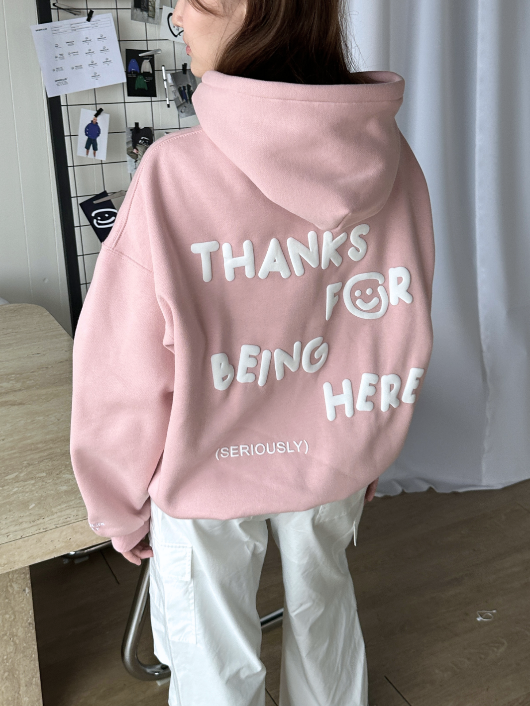 THANKS FOR BEING HERE HOODIE - MUTED PINK