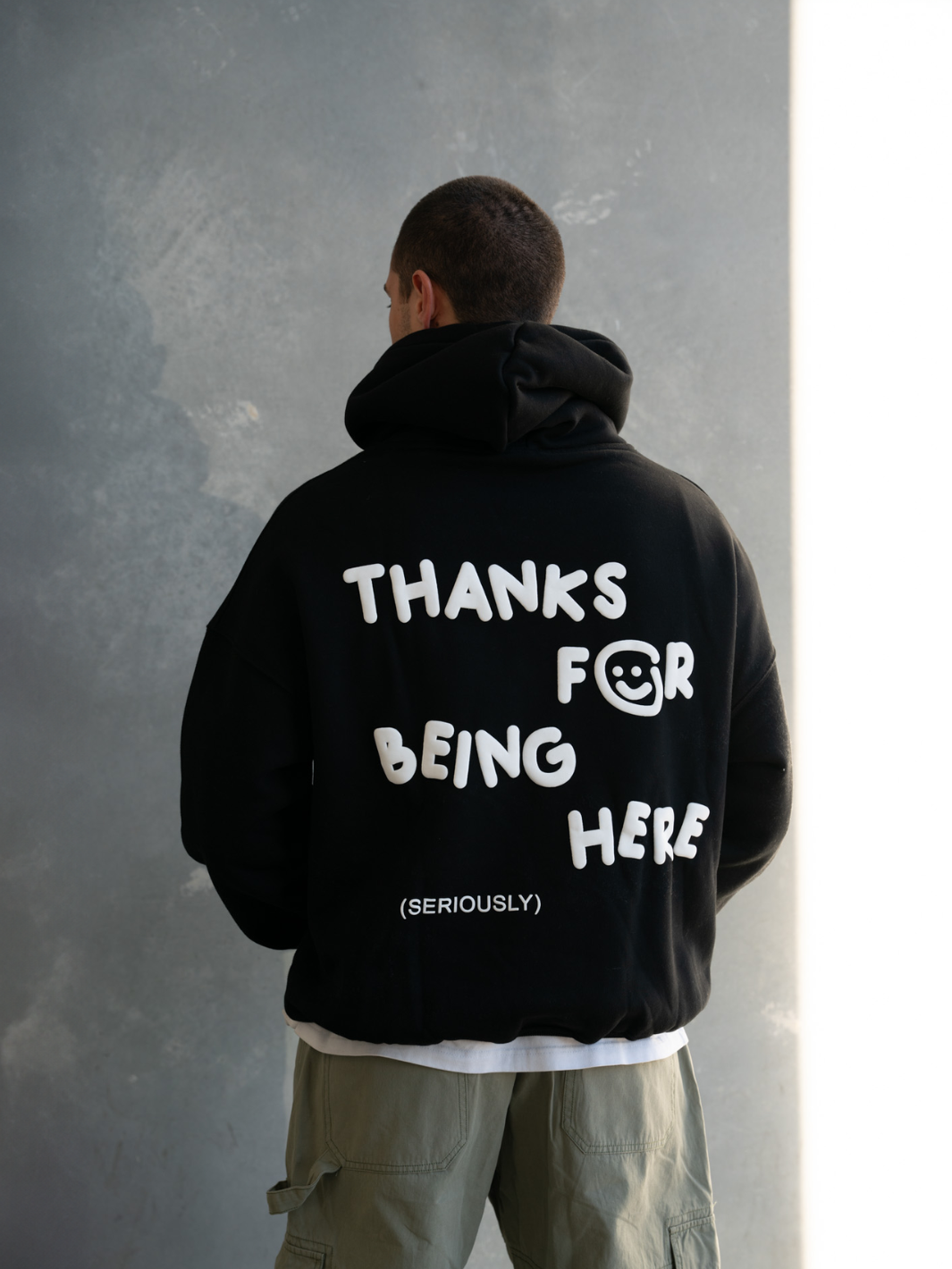 THANKS FOR BEING HERE HOODIE - BLACK