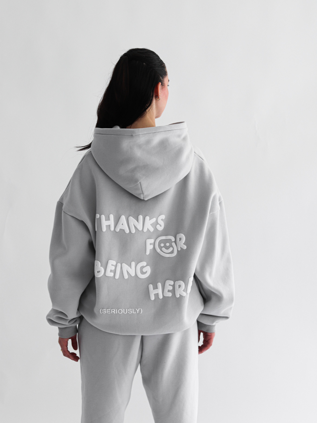 THANKS FOR BEING HERE HOODIE - LIGHT GREY